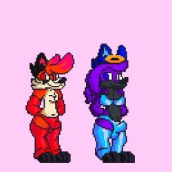 animated anthro bodily_fluids canid canine clothing couple_(disambiguation) cum dog-1 duo ejaculation erection female fox futanari genital_fluids girly intersex intersex/male male mammal panties rubber rubber_clothing rubber_suit thick_thighs underwear