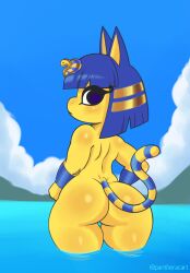 animal_crossing ankha anthro ass female furry furry_only looking_back nintendo nude panthera_cantus partially_submerged solo tail thick_thighs water yellow_body