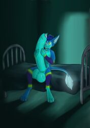 absurd_res anthro balls bed bedroom big_balls big_penis blue_body blue_fur blue_hair blue_penis blue_tail bodily_fluids collar cyan_precum fur furniture genital_fluids genitals green_eyes hair hi_res huge_balls huge_cock humanoid_genitalia humanoid_penis hyper hyper_balls hyper_genitalia hyper_penis light male penis precum precum_on_face purple_body purple_fur rexouium solo solo_focus tafy_tail tail unusual_anatomy unusual_bodily_fluids zeitheron