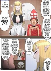 1boy 2girls big_breasts comic comic_page dialogue ekz elf elf_ears english english_text female page_5 rosette_(ekz)