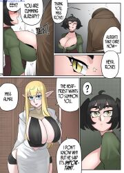 1boy 2girls alma_(ekz_robotekz) big_breasts comic comic_page cum cum_between_breasts dialogue ekz elf elf_ears english english_text engulfing_paizuri female light-skinned_female page_29 paizuri rosette_(ekz) unseen_male_face