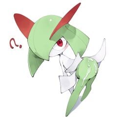 ambiguous_gender ass blush bodily_fluids cum cum_on_butt generation_3_pokemon genital_fluids green_body hi_res humanoid kirlia looking_at_viewer nintendo on_model pokemon pokemon_(species) question_mark red_eyes simple_background solo white_background white_body youjomodoki