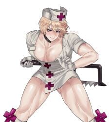 ambush_(trap) bags_under_eyes blonde_hair blue_eyes cleavage cosplay crossdressing eeyah_r18 gloves half-closed_eyes hanafusa_hajime kengan_(series) kengan_ashura leaning_forward looking_at_viewer male male_only muscular muscular_male muscular_thighs nurse nurse_cap nurse_uniform pecs short_dress skullgirls smile solo thick_thighs valentine_(skullgirls)_(cosplay) weapon white_gloves