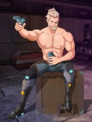 abs bara borderlands bulge chest_hair greeneyedwolfking male_only muscular muscular_male older_male solo solo_male zane_flynt