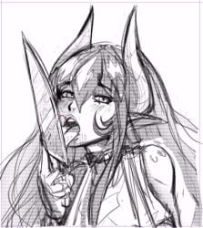 1girls 2020 2d blush clothed clothing demon_horns female female_only horn humanoid lethalbliss licking licking_knife long_hair monster_girl oc open_mouth sketch solo tongue tongue_out vanta vanta_(lethal_bliss)