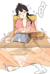 bangs bar_censor black_hair blush bow breasts censored closed_eyes collarbone female_masturbation fingering food fruit grabbing_own_breast hairbow houshou_(kantai_collection) implied_masturbation iwao_(iwaogom) japanese_clothes japanese_text kantai_collection kimono kotatsu long_hair mandarin_orange masturbation open_mouth pink_bow pink_kimono ponytail self_fondle simple_background socks_removed table text thought_bubble toe_scrunch translated trembling under_the_table white_socks x-ray