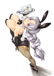 ass black_gloves black_leotard braid eirin_yagokoro elbow_gloves fake_animal_ears huge_breasts large_breasts leotard long_gloves long_hair parted_lips platter playboy_bunny purple_eyes single_braid ta_ki touhou