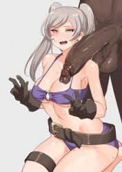 1boy 1girls alternate_costume bare_legs barefoot bikini brown_eyes cleavage dark-skinned_male double_v female female_focus fire_emblem fire_emblem_awakening fire_emblem_heroes gloves grey_hair huge_cock imminent_interracial interracial kneeling large_breasts legs looking_at_viewer male medium_hair nervous nintendo official_alternate_costume open_mouth penis purple_bikini purple_swimsuit robin_(female)_(summer)_(fire_emblem) robin_(fire_emblem) robin_(fire_emblem)_(female) smile solo_focus stormcow sweat swimsuit twintails underboob v