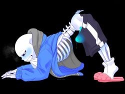 1boy 2022 abosinsin animated_skeleton ass_up biting_clothes biting_shirt black_background blue_blush blush bodily_fluids bone bottomwear bulge clothing dark_background ectopenis erection erection_under_clothes erection_under_pants footwear genital_fluids glowing_penis hi_res hoodie humanoid male male_only penis_bulge precum precum_through_bottomwear precum_through_clothing precum_through_shorts sans shorts skeleton socks solo solo_male tenting topwear undead undertale undertale_(series) wet wet_clothing