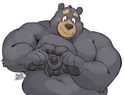 2017 anthro black_bear black_fur black_nose blush brown_eyebrows brown_fur chubby chubby_anthro chubby_male elbow_tufts heart hi_res love_handles male male_only moob_grab moobs neck_tuft nipples overweight overweight_male pawpads paws red_eyes simple_background slightly_chubby smile smirk solo sweatdrop waffle_(artist) waffle_(megawaffle) white_background