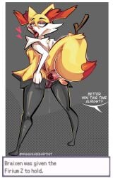 1girls ahe_gao anal_insertion animal_genitalia backpussy braixen english_text female_only from_behind full_body gray_fur hearts_around_head improvised_buttplug improvised_sex_toy offscreen_character offscreen_character_speaking open_mouth pleasure_face pokemon pokemon_(species) pokemon_xy pussy pussy_juice pussy_juice_drip self_upload solo speech_bubble spread_legs standing text_box three-quarter_view tongue_out uncensored waahshiee white_fur yellow_fur