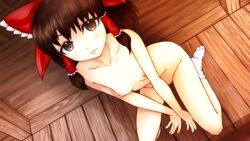 ankle_socks anklehighs arm_support between_thighs bow brown_eyes brown_hair dutch_angle female flat_chest from_above hairbow looking_up nipples nude raichi_(litchixlitchi) red_bow reimu_hakurei seiza sitting smile socks solo touhou v_arms white_socks