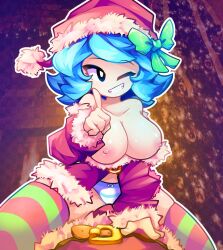 blue_hair breasts breasts_out christmas christmas_outfit female female_focus koishiko_(artist) nipples panties tagme