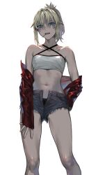 1girls bandeau bare_legs bare_shoulders black_panties blonde_hair breasts candy casual daisy_dukes denim denim_shorts fate/apocrypha fate/grand_order fate_(series) food green_eyes jacket light-skinned_female light_skin lollipop midriff mordred_(fate) mordred_(fate/apocrypha) mordred_(memories_at_trifas)_(fate) nipi27 off_shoulder open_clothes open_shorts painted_nails panties ponytail short_shorts shorts small_breasts stomach thighs underwear unzipped