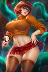 1girls 2d big_breasts breasts crop_top female female_only glasses hanna-barbera higher_resolution_duplicate huge_breasts imminent_tentacle_sex light-skinned_female light_skin looking_at_viewer magnifying_glass midriff navel_piercing neoartcore nudtawut_thongmai pale-skinned_female pale_skin panty_peek pantyshot pleated_skirt scooby-doo skirt_lift slim_waist solo solo_female spectacles standing tentacle thick_thighs thighhighs turtleneck_sweater upskirt velma_dinkley very_short_skirt wide_hips