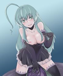 ahoge black_gloves black_legwear breasts dress elbow_gloves female gloves green_eyes grey_hair haiyore!_nyaruko-san huge_ahoge large_breasts long_hair nipples nyarlathotep_(nyaruko-san) strap_slip ta_ki tears thighhighs zettai_ryouiki