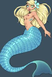 1girls aqua_mermaid_(mermaid_world) blonde_hair blue_eyes blue_scales blue_tail breasts dreamscreep female female_only glistening_body hair humanoid jpeg long_hair merfolk mermaid mermaid_world nipples pink_nipples scales solo