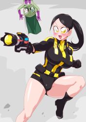 1girls 1other big_breasts black_hair black_suit monster otokam1117 super_sentai tokumei_sentai_go-busters usami_youko yellow_buster yellow_eyes