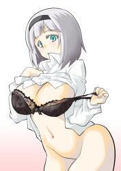 1girls anna_nishikinomiya black_bra black_hairband blue_eyes hairband navel shimoneta_to_iu_gainen_ga_sonzai_shinai_taikutsu_na_sekai shirt_lift short_hair solo ta_ki undressing white_hair wide_hips