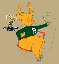 1girls 2023 25circle basketball basketball_hoop big_ass big_breasts bottomless breasts bubble_butt deer deer_girl eyes_closed female female_only freckles furry green_sweater huge_ass huge_thighs mascot milwaukee_bucks nba orange_fur redraw simple_background solo solo_female sweater tail