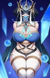 ball_gag big_breasts blindfold bondage breast_harness breasts cleavage crotch_rope curseddelta defeated_villainess fatui_mirror_maiden_(genshin_impact) female femsub gag gagged genshin_impact huge_breasts kneeling large_breasts on_knees rope tagme villainess