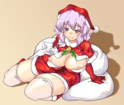 1girls gloves huge_breasts letty_whiterock nipples_outside purple_eyes purple_hair red_gloves santa_costume santa_hat solo ta_ki touhou white_thighhighs