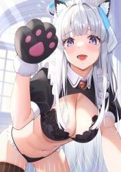 :d alternate_costume animal_ear_fluff animal_ears animal_hands bangs bell bikini black_bikini black_gloves black_sleeves black_socks black_thighhighs blue_archive blush breasts cat_ears cat_girl cat_paws cleavage collar fake_animal_ears female floral_print frilled_bikini frills fur-trimmed_gloves fur_trim gloves gluteal_fold halo hand_up headgear highres jingle_bell lace_trim large_breasts leaning_forward light_rays long_hair lower_teeth_only maid_bikini maid_headdress millennium_science_school_student mutenka_(plfgb) navel neck_bell noa_(blue_archive) open_mouth paws puffy_short_sleeves puffy_sleeves purple_eyes seminar_(blue_archive) short_sleeves shrug_(clothing) sidelighting sidelocks smile socks solo stomach string_bikini swimsuit teeth thigh_socks thighhighs thighs very_long_hair white_collar white_hair