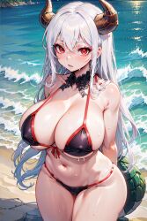 1girls ai_generated big_breasts bikini curvaceous curvy_body curvy_female curvy_figure demon demon_girl demon_horns demon_tail female_focus female_only high_resolution highres latex_bikini long_hair red_eyes seductive_eyes stable_diffusion voluptuous voluptuous_female white_hair