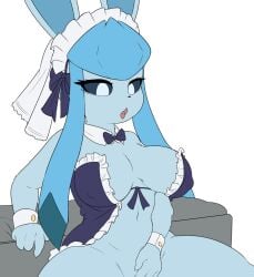 2023 anthro anthrofied bottomless bottomless_anthro bottomless_female breasts clothed clothing cute_fangs digital_media_(artwork) eeveelution female female_anthro flat_colors frilly frilly_clothing fur generation_4_pokemon glaceon hair healingpit hi_res kemono masturbation nintendo nipple_outline pokemon pokemon_(species) pokemorph simple_background solo tongue tongue_out vaginal_masturbation vaginal_penetration white_background