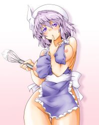 1girls finger_in_mouth hat holding_object huge_breasts letty_whiterock naked_apron purple_hair solo standing ta_ki touhou whipping whisk white_hat wide_hips