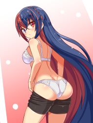 1girls alear_(female)_(fire_emblem) alear_(fire_emblem) ass ass_cleavage bare_shoulders big_ass bike_shorts bike_shorts_pull black_shorts blue_eyes blue_hair bra braid butt_crack clothes_pull cougar1404 cougar_(cougar1404) crown_braid female female_only fire_emblem fire_emblem_engage heterochromia long_hair looking_at_viewer looking_back multicolored_hair nintendo panties red_eyes red_hair shorts shorts_pull simple_background solo split-color_hair underwear very_long_hair white_bra white_panties