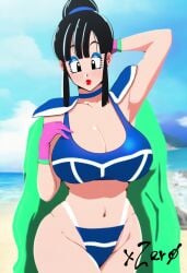 1girls ai_generated beach big_ass big_breasts big_butt bikini black_eyes black_hair blue_eyeshadow blush blush_lines busty cape chichi chichi's_armor dragon_ball dragon_ball_super dragon_ball_z edit eye_shadow female female_only hair_bun hand_on_breast hand_on_head hips huge_ass huge_breasts huge_butt lipstick makeup red_lipstick solo_female thick_thighs wide_hips wide_thighs xzerø