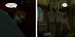 2girls 3d azuca big_breasts blizzard_entertainment blonde_hair blood_elf dialogue green_eyes human human_(world_of_warcraft) justicaralb light-skinned_female light_skin original_character ponytail warcraft world_of_warcraft