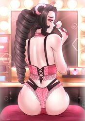 1girls animal_ears ass bear_ears black_hair bra drill_hair female female_only light-skinned_female light_skin lingerie looking_back lucky_akuma mirror panties solo valentine's_day virtual_youtuber vtuber