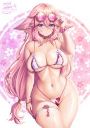 1girls bikini breasts female fox_ears fox_girl genshin_impact hips hourglass_figure kitsune large_breasts light-skinned_female light_skin long_hair micro_bikini navel pink_hair purple_eyes sevie slim_waist sunglasses sunglasses_on_head thick_thighs thighs white_bikini wide_hips yae_miko