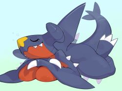 1girls anthro aqua_background biped blue_body breasts closed_eyes closed_eyes eyelashes female female_only garchomp generation_4_pokemon hi_res kame_3 lying lying_on_stomach nintendo nipples on_front pokemon pokemon_(species) red_body sharp_teeth simple_background smile solo thick_thighs