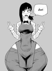 alternate_body_type apron big black_and_white blush_lines bottom_heavy bowtie chainsaw_man child_bearing_hips cowboy_shot dark_hair front_view gesture greyscale hairclip hairclips hand_gesture higashiyama_kobeni hips huge_ass hyper_hips love_handles massive_thighs medium_breasts monochrome nervous no_color peace_sign scared slim_waist small_torso small_waist startled thick_ass thick_thighs v_arms v_sign wasp_waist wide_hips work_uniform yelftea