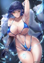 bikini blue_bikini blue_hair breasts genshin_impact green_eyes hips huge_breasts looking_at_viewer naughty_face navel short_hair suggestive_look thick_thighs thighs tinnies wide_hips yelan_(genshin_impact)