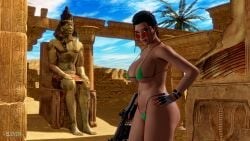 3d areola_slip areolae ass assault_rifle athletic athletic_female big_breasts bikini braid breasts brown_eyes brown_hair busty egypt egyptian eleven_(artist) erect_nipples female female_focus female_only g-string green_bikini hourglass_figure lara_croft lara_croft_(classic) large_breasts long_fingernails long_hair looking_over_eyewear looking_over_glasses looking_over_sunglasses micro_bikini nail_polish navel navel_piercing nipple_bulge outdoors outside piercing red-tinted_eyewear solo sunglasses sweat tagme thong_bikini tinted_eyewear tomb_raider veiny_breasts wide_hips