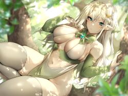 aqua_eyes bare_shoulders blonde_hair braid branch breasts cleavage collar danimaru detached_sleeves elbow_gloves elf female forest gloves highres large_breasts long_hair looking_at_viewer nature navel no_panties original pelvic_curtain pointy_ears revealing_clothes sitting solo sunlight thick_thighs thighhighs tree