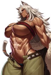 1girls absurd_res big_breasts cat_ears cat_tail catgirl dark-skinned_female dark_skin female female_only ghislaine_dedoldia grey_hair hair_over_one_eye jacket_partially_removed long_hair looking_at_viewer muscles muscular muscular_female mushoku_tensei narrowed_eyes nipple_bulge open_pants pants red_eyes solo sotcho tail thong topwear viewed_from_below white_background