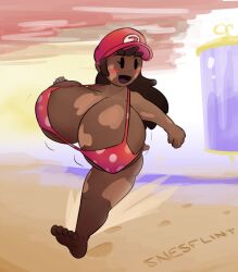 ass beach bikini breast brown_hair cleavage dark-skinned_female eyelashes female female_focus female_only hips large_ass large_breasts mario_(series) mario_hat mostly_nude mostly_nude_female running sand snesflint super_mario_odyssey thick_thighs thighs trés_(snesflint) vitiligo wide_hips