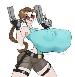 bare_shoulders braid breasts brown_eyes brown_hair bubble_butt dual_wielding enormous_breasts erect_nipples eyewear female female_focus female_only fingerless_gloves gun huge_breasts hyper hyper_breasts hyper_nipples lara_croft lara_croft_(classic) large_breasts leotard lewdreaper nipple_bulge pistol red-tinted_eyewear short_shorts standing sunglasses tagme thigh_holster thong_leotard tinted_eyewear tomb_raider