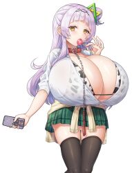 alternate_breast_size animal_print ass_visible_through_thighs black_thighhighs blush bra breasts candy cellphone chain_leash chains cleavage clothes_around_waist collar cow_print female food gigantic_breasts green_skirt hair_bun hololive jacket jacket_around_waist leash light_purple_hair lollipop long_hair microskirt murasaki_shion open_clothes open_shirt phone plaid plaid_skirt saitou_touko see-through shirt simple_background single_side_bun skirt solo thighhighs underwear v-shaped_eyebrows very_long_hair virtual_youtuber white_background white_shirt yellow_eyes