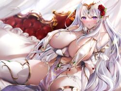 bangs bare_shoulders bed blush breast_curtains breasts circlet cleavage covered_erect_nipples elf female gold_trim large_breasts long_hair looking_at_viewer navel open_mouth original purple_eyes puru_(ex-150) revealing_clothes rose_(flower) sitting solo thighhighs white_hair