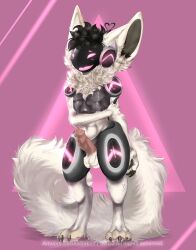 1boy anthro balls big_ears bodily_fluids embarrassed erection falco_(falcodaprotog) fluffy fluffy_tail genital_fluids genitals hair hi_res humanoid_genitalia humanoid_penis leaking leaking_precum long_hair long_tail machine male male_only penis pink_background poofy_hair precum protogen simple_background solo tail