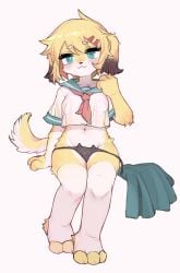 blonde_fur blonde_hair canine cat_panties clothing crayon_(artist) female female_only fur furry furry_breasts furry_ears furry_only furry_tail hairclips_(crayon) panties school_uniform tagme teal_eyes white_fur