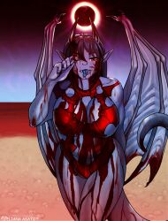 anthro bangs beach big_breasts blood blood_mess blood_moon blood_on_belly blood_on_body blood_on_breasts blood_on_clothing blood_on_face blood_on_hair blood_on_tongue blood_on_wings blue_body blue_hair blue_membrane blue_scales blue_skin blue_tongue bodily_fluids breasts clothed clothed_breasts clothing detailed_background digital_media_(artwork) dragon dragon_wings eclipse eliana-asato ena_(eliana) female hair hi_res horizon horn long_hair looking_at_viewer membrane_(anatomy) membranous_wings moon one_eye_closed partially_clothed red_clothing red_eyes red_swimwear red_water scales scalie sea seaside sky smile solo straight_horn swimwear tongue tongue_out touching_face water wings