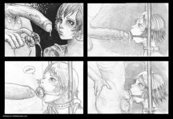 1boy 1boy1girl 1girls big_cock bondage crying_with_eyes_open deepthroat einherja erection female gag hand_drawn hetero humiliation irrumatio large_penis long_cock male mini_comic monochrome mouth_gag onahole_gag precum short_hair speech_bubble stationary_restraints straight tagme tears throat_bulge uncensored