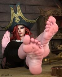 1girls 3d alternat0r218 aqua_eyes barefoot blue_eyes feet feet_up foot_fetish foot_focus league_of_legends miss_fortune no_shoes no_socks pirate red_hair red_nail_polish red_nails red_toenail_polish red_toenails riot_games sarah_fortune soles toes wrinkly_soles